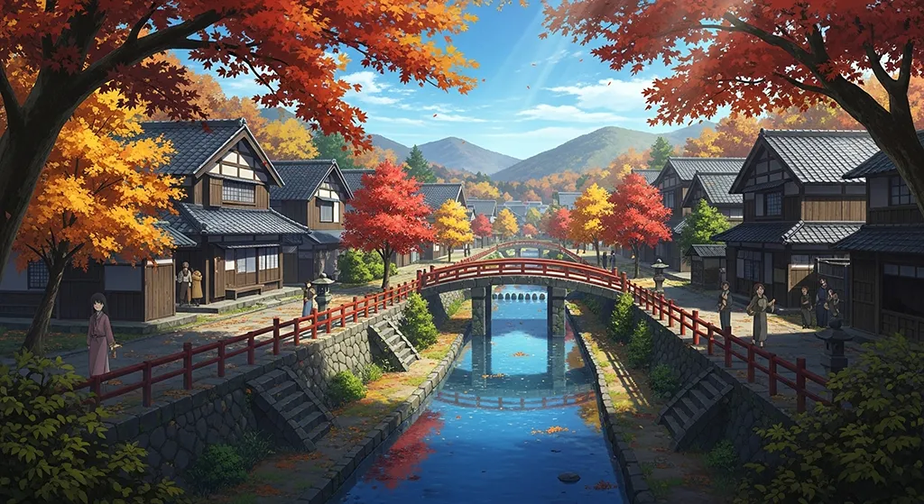 Anime Autumn Bridge Reflection Wallpaper