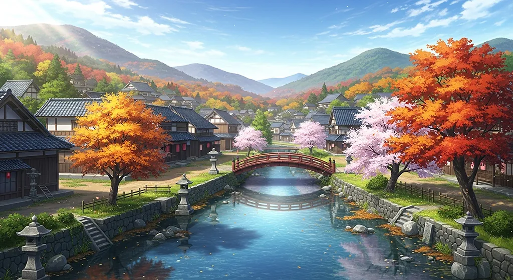 Anime Autumn River Bridge Village Wallpaper