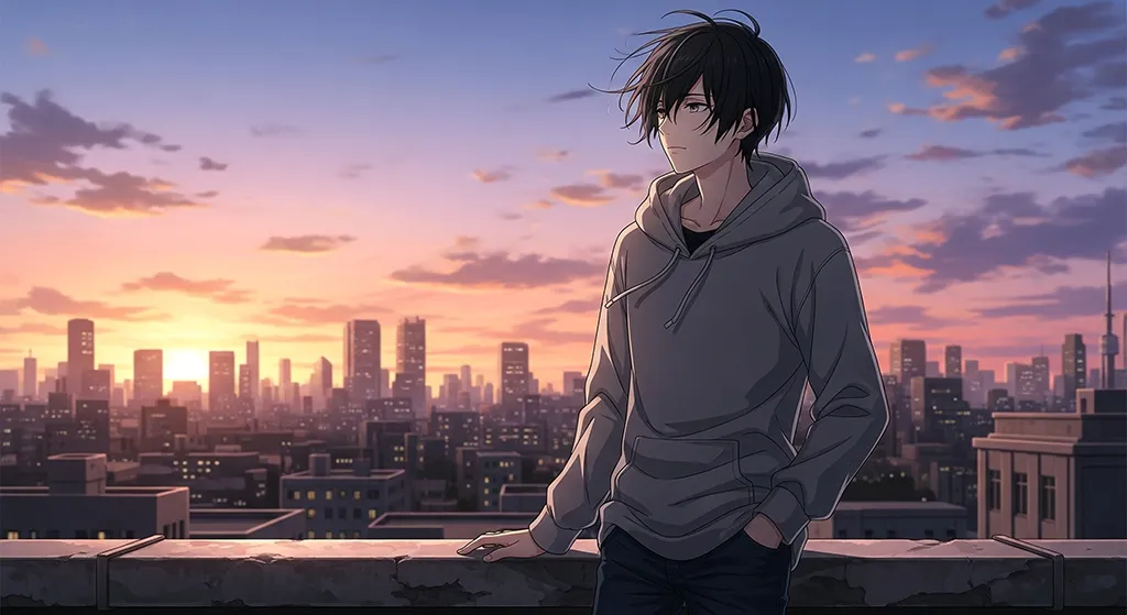 Anime Boy City Skyline Sunset Wallpaper