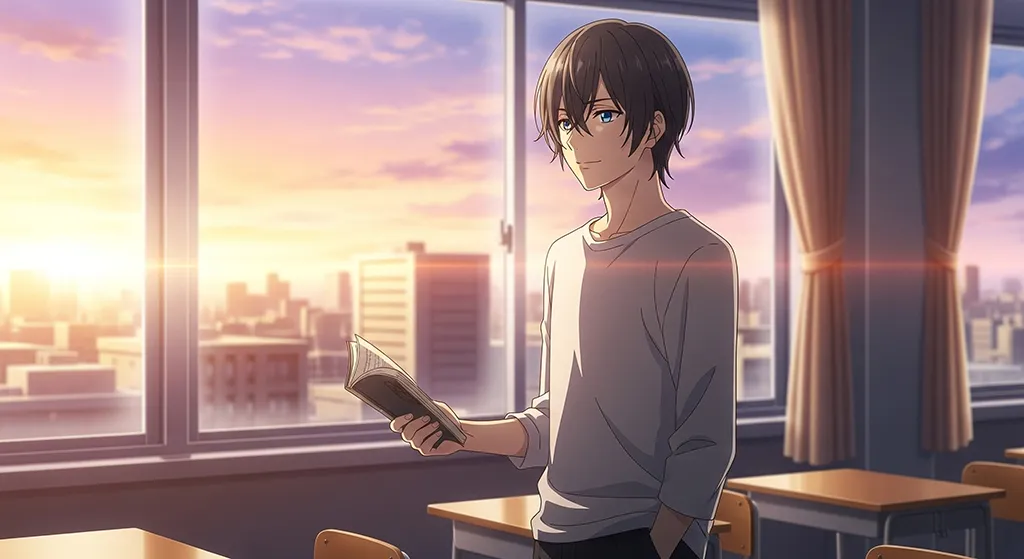 Anime Boy Classroom Sunset Reading Wallpaper
