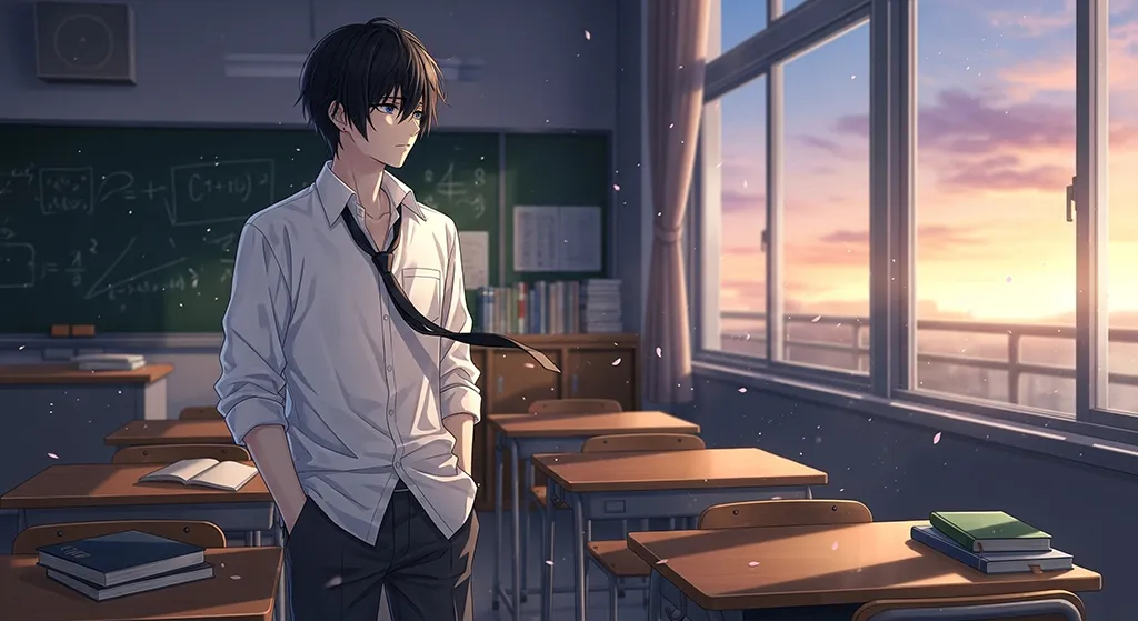 Anime Boy Classroom Sunset Wallpaper