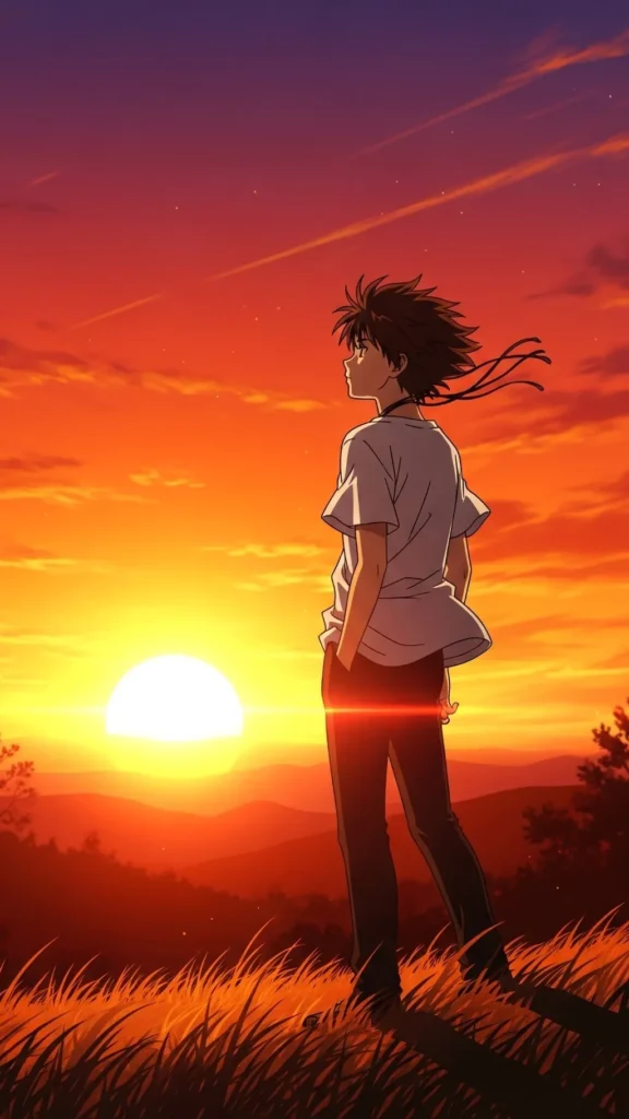 Anime Boy Orange Sunset Field Phone Wallpaper