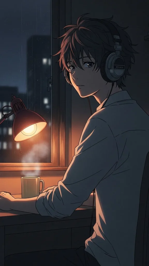 Anime Boy Rainy Window Headphones Phone Wallpaper