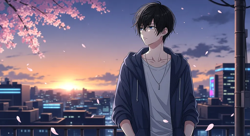 Anime Boy Rooftop City Sunset Wallpaper