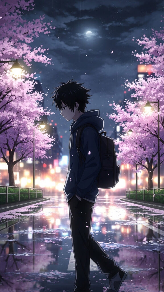 Anime Boy Sakura Night Wallpaper