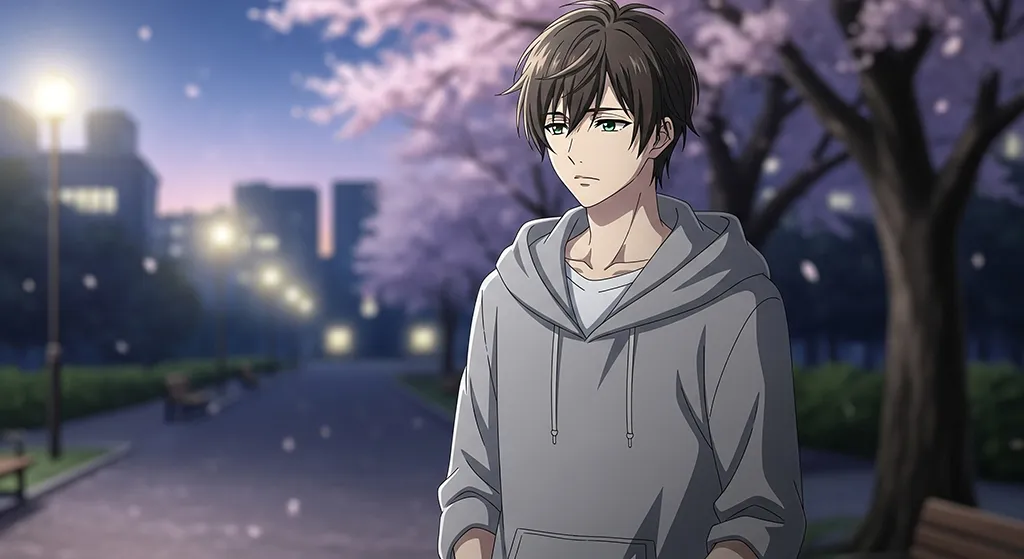 Anime Boy Sakura Park Night Wallpaper