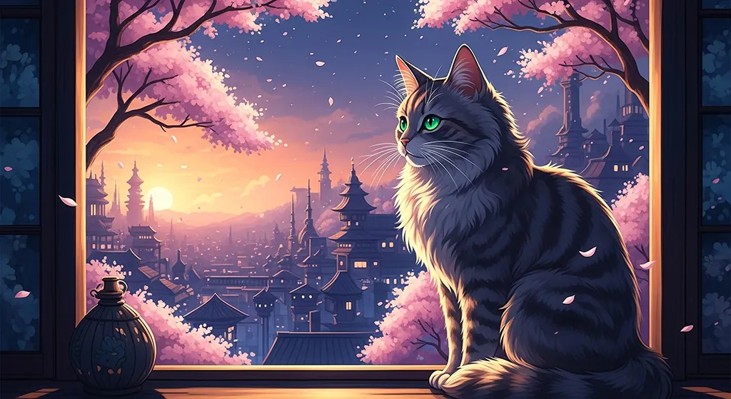 Anime Cat Sunset City Wallpaper