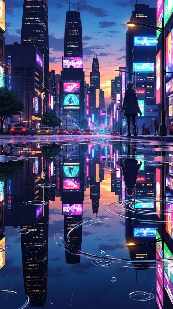 Anime City Reflection Sunset Wallpaper