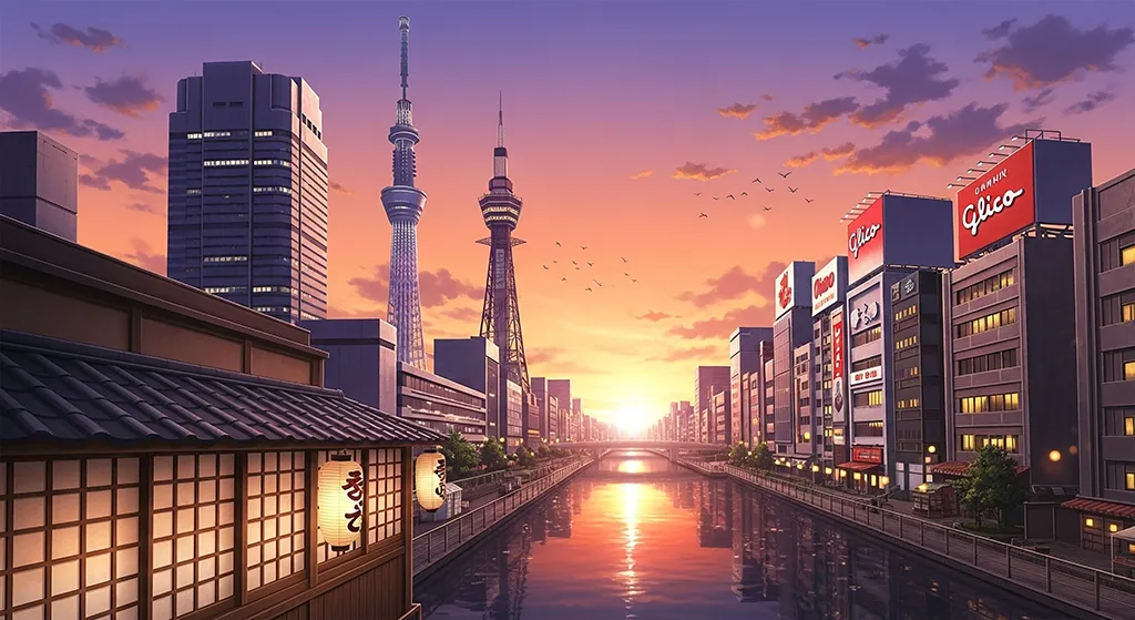 Anime City Sunset River View Wallpaper