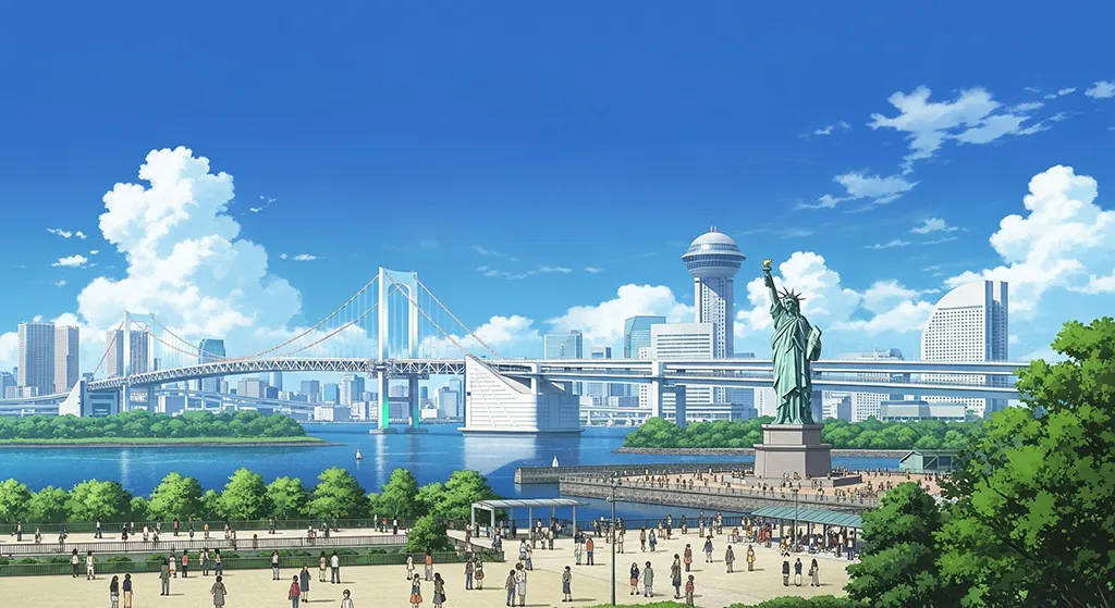 Anime City Waterfront Day Scene Wallpaper