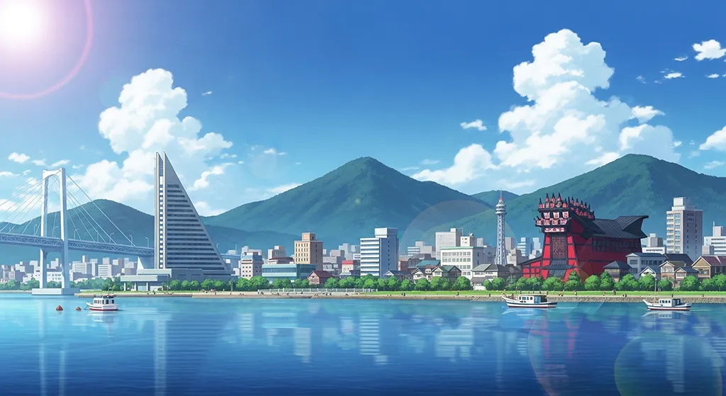 Anime Coastal City Harbor Wallpaper