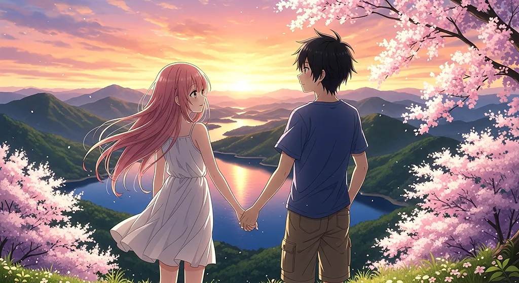 Anime Couple Cherry Blossom Lake View Wallpaper