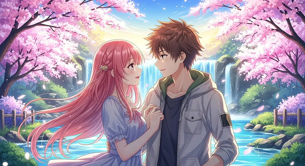 Anime Couple Cherry Blossom Waterfall Wallpaper