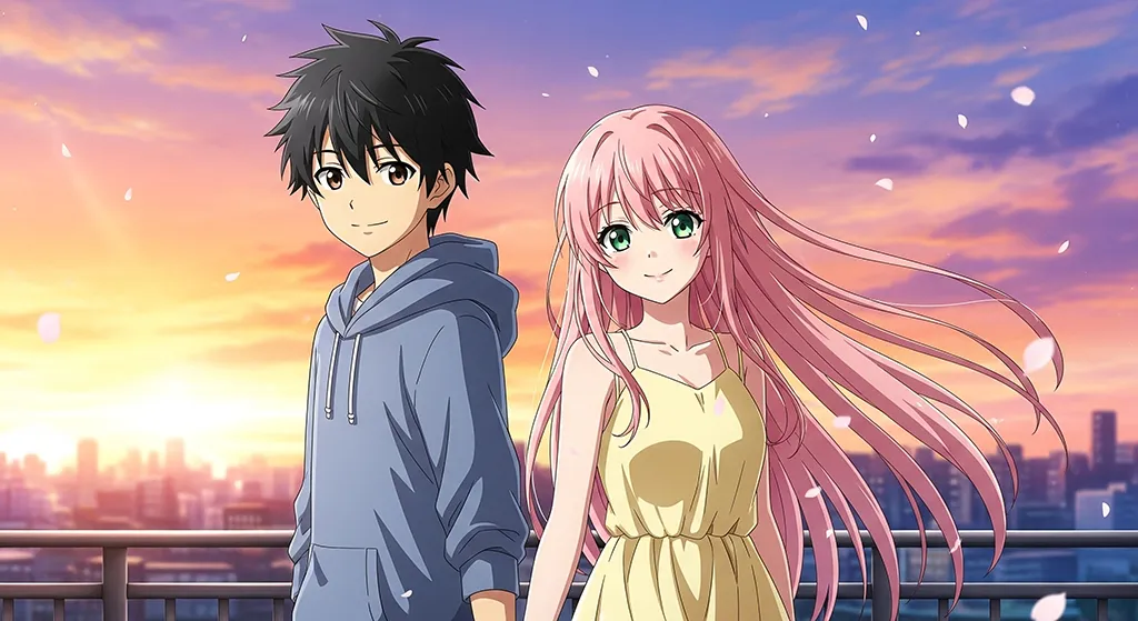 Anime Couple City Sunset Balcony Wallpaper