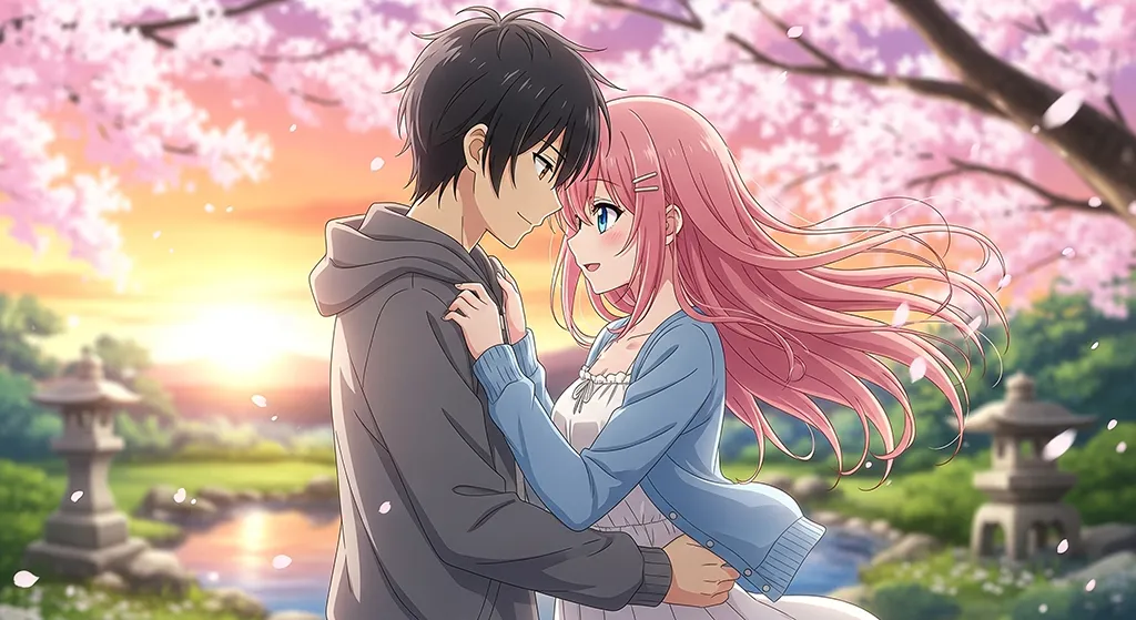 Anime Couple Close Hug Sakura Garden Wallpaper