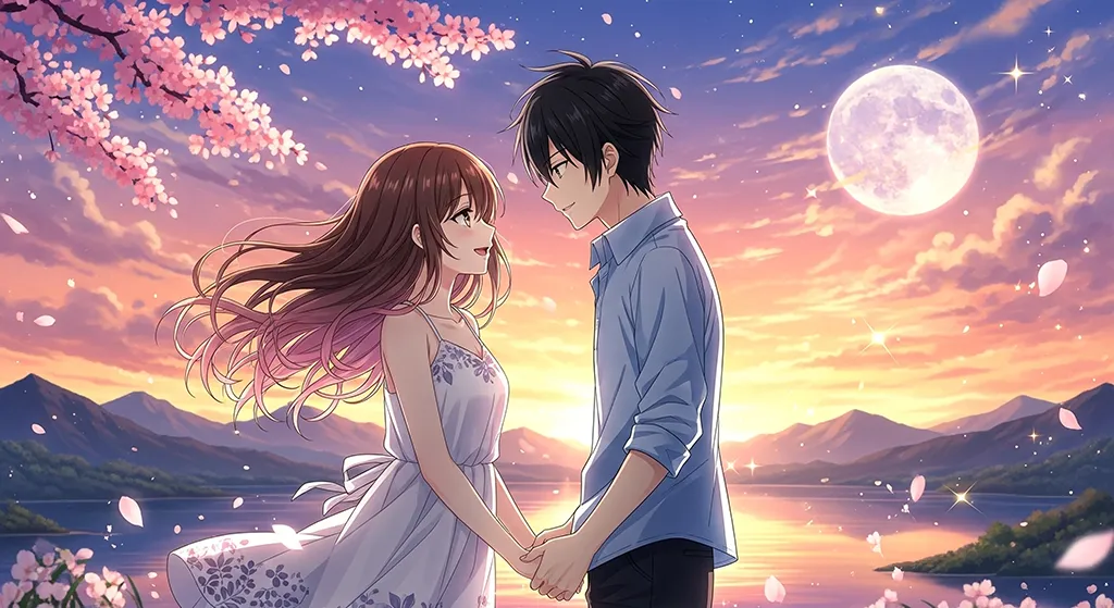 Anime Couple Moonlight Lake Love Wallpaper