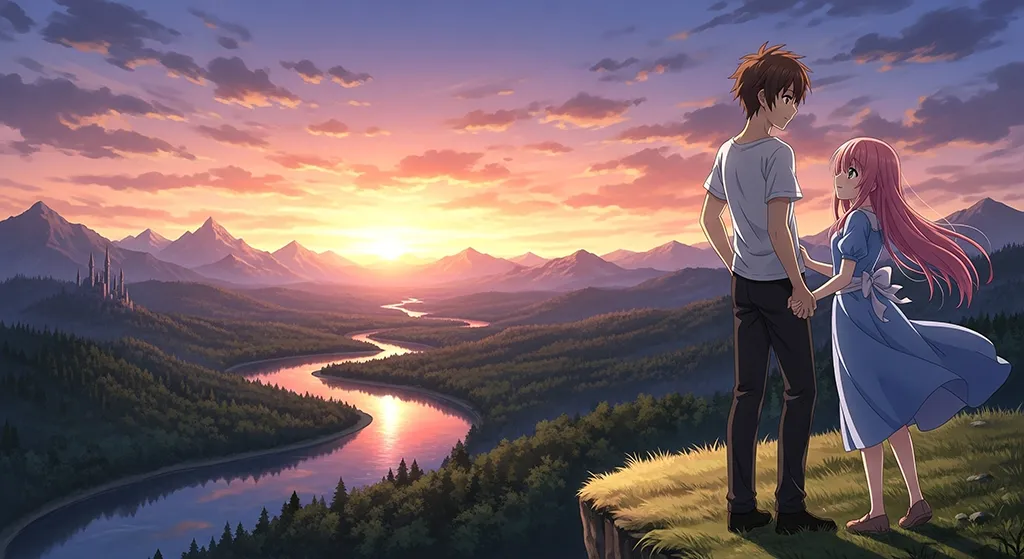 Anime Couple Mountain River Sunset Wallpaper