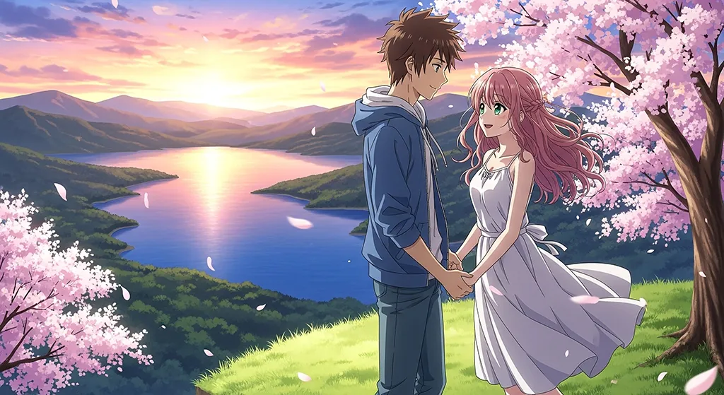 Anime Couple Romantic Sakura Lake Wallpaper