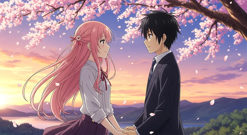 Anime Couple Sakura Evening Love Wallpaper