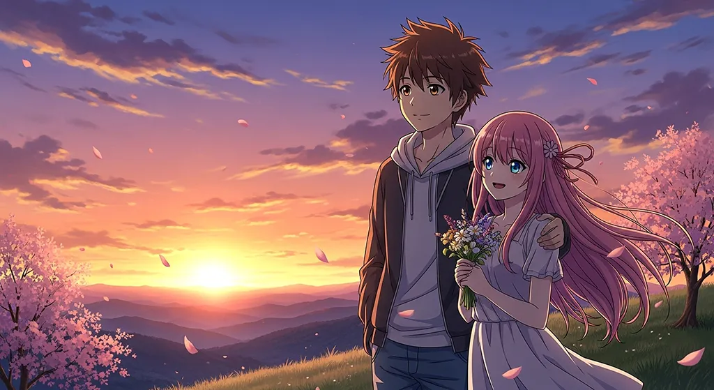 Anime Couple Sunset Field Love Wallpaper