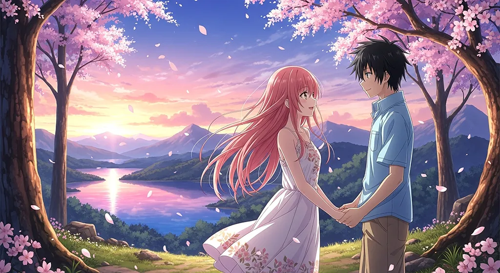 Anime Couple Sunset Lake Cherry Blossom Wallpaper