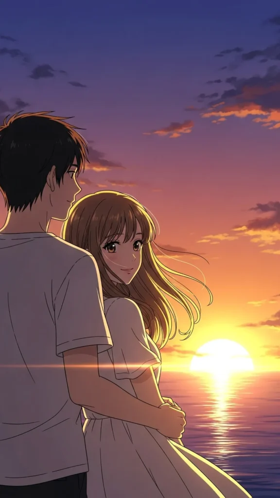 Anime Couple Sunset Ocean Phone Wallpaper