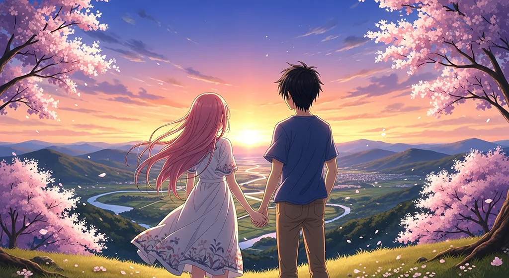 Anime Couple Sunset Valley View Wallpaper