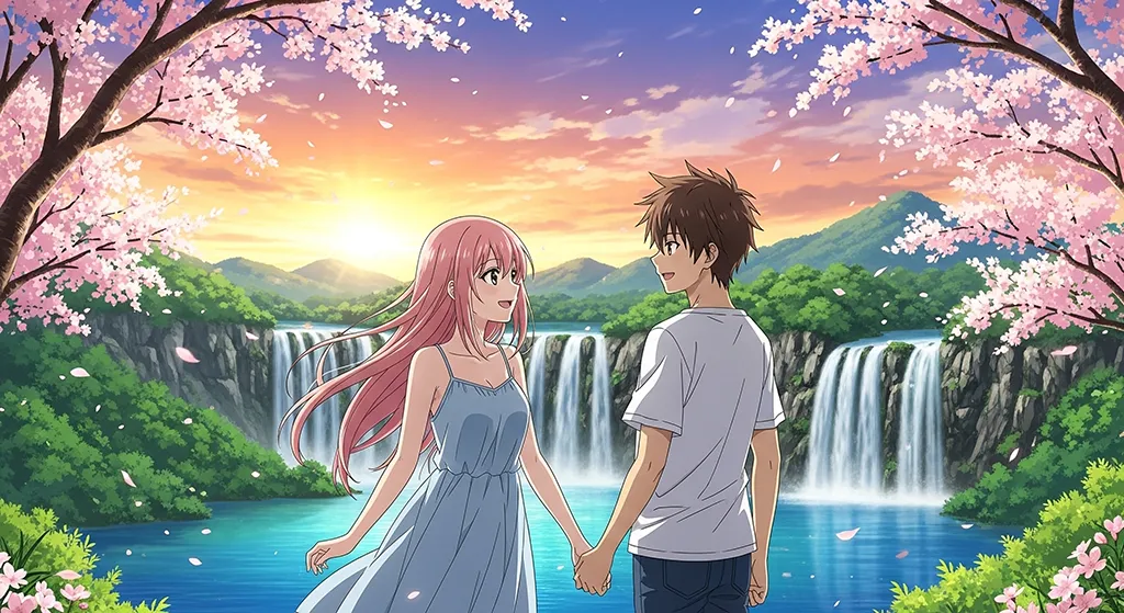 Anime Couple Waterfall Sakura Sunset Wallpaper