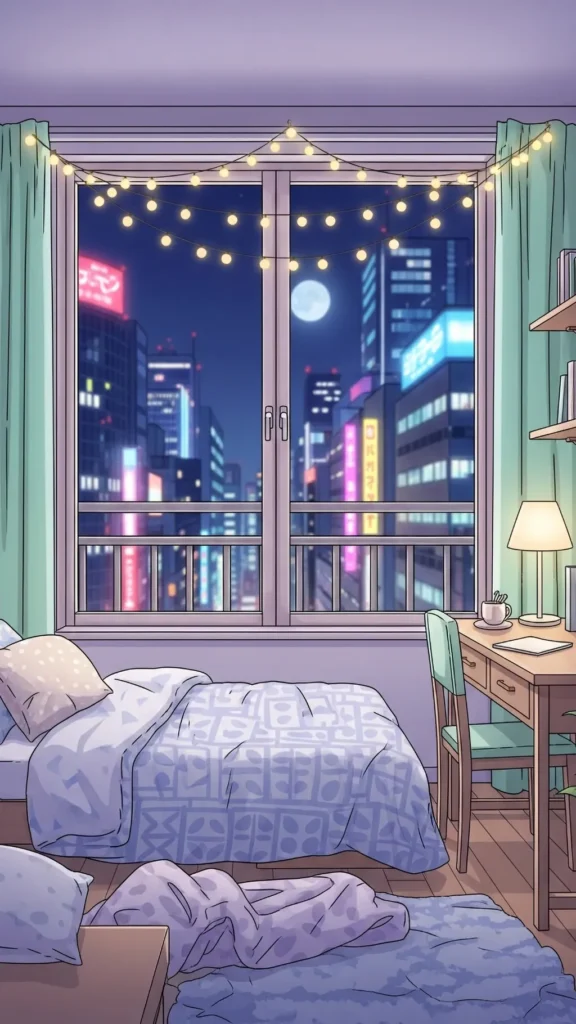 Anime Cozy Bedroom Night City Phone Wallpaper