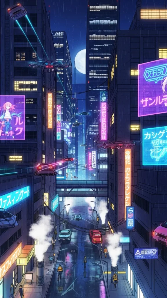 Anime Cyberpunk Tokyo Rain City Phone Wallpaper
