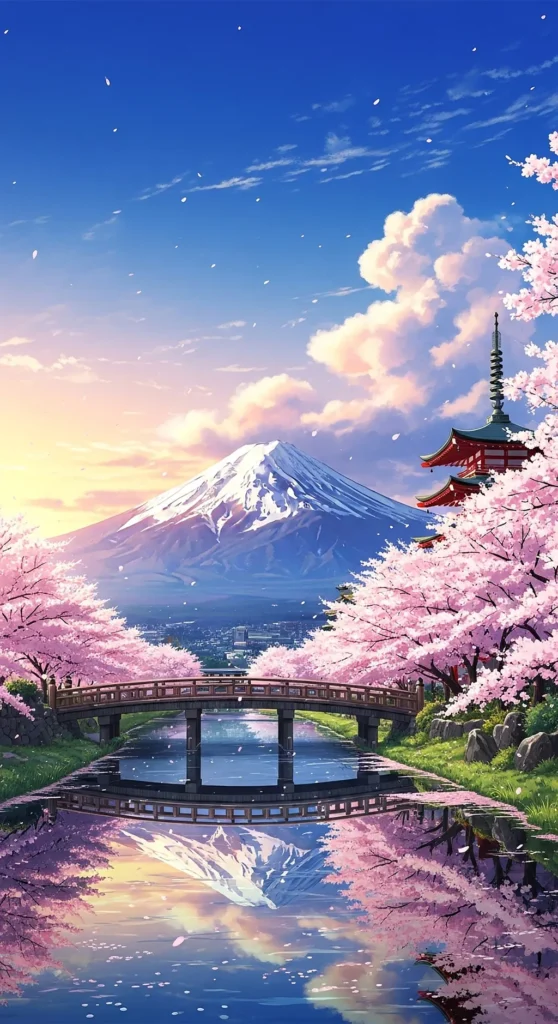 Anime Fuji Bridge Spring Sky Phone Wallpaper