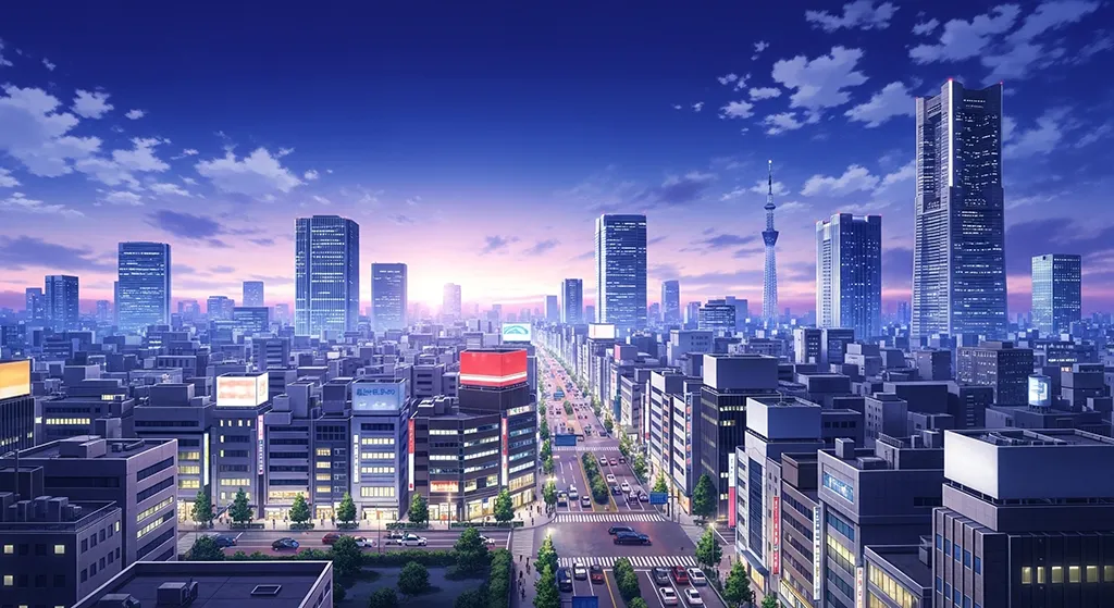 Anime Futuristic City Skyline Evening Wallpaper