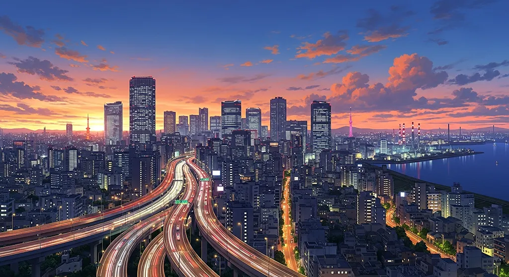 Anime Futuristic Highway City Night Wallpaper