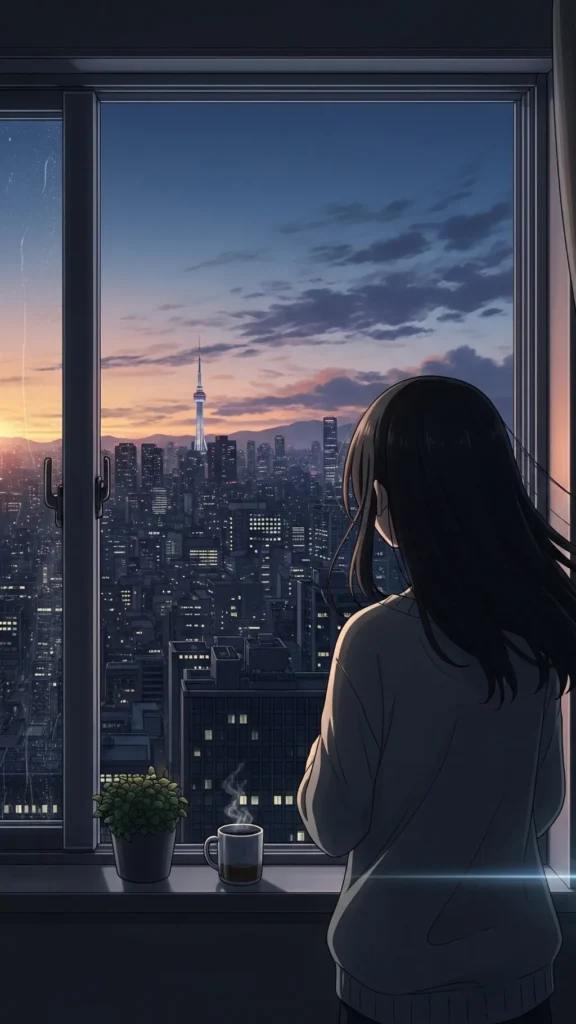 Anime Girl City Window Night Phone Wallpaper