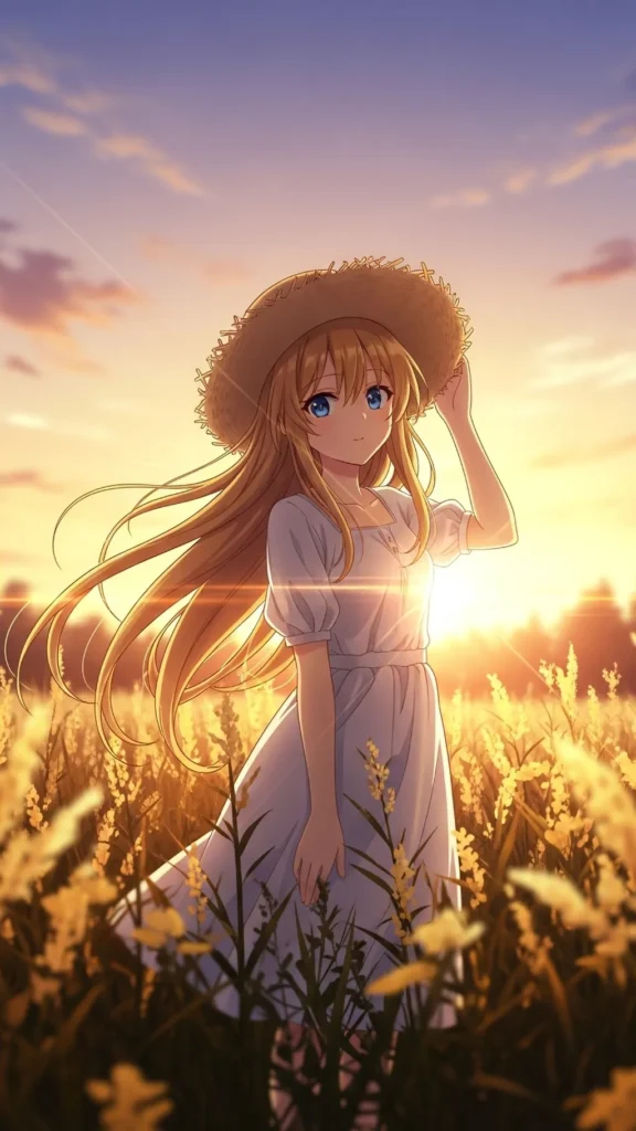 Anime Girl Golden Field Sunset Wallpaper