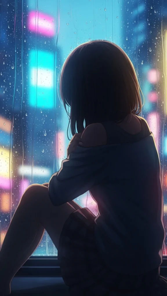 Anime Girl Rainy Window Neon Phone Wallpaper