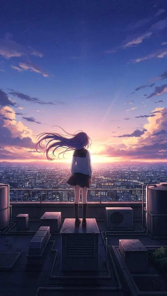 Anime Girl Rooftop Night Sky Wallpaper