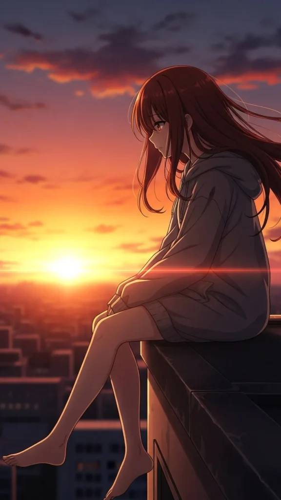 Anime Girl Rooftop Sunset Phone Wallpaper