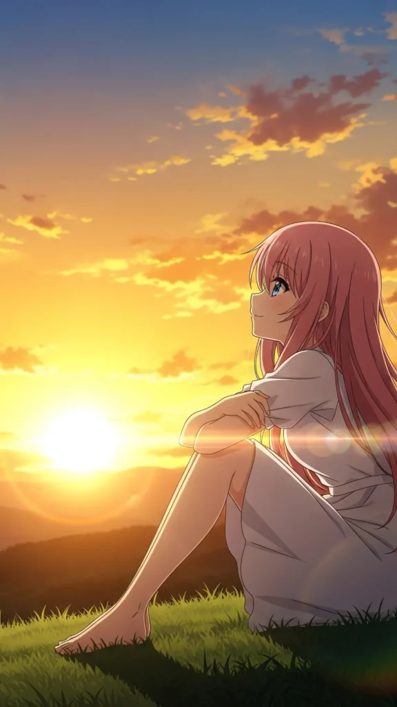 Anime Girl Sunset Hill Phone Wallpaper