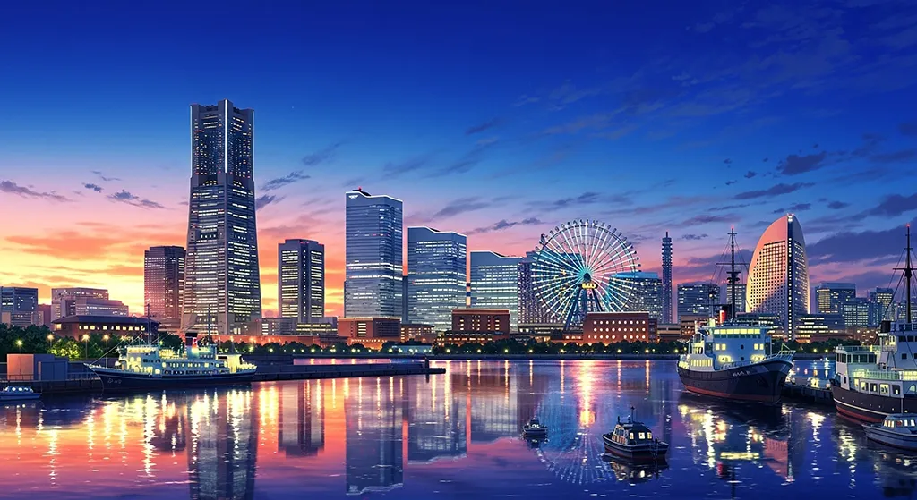 Anime Harbor City Night Reflection Wallpaper