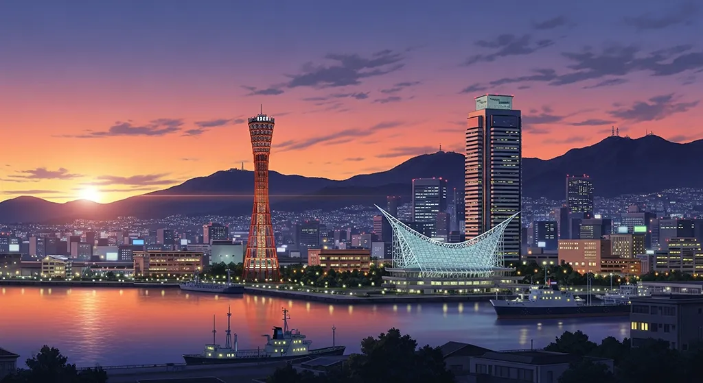 Anime Kobe Harbor Twilight Skyline Wallpaper