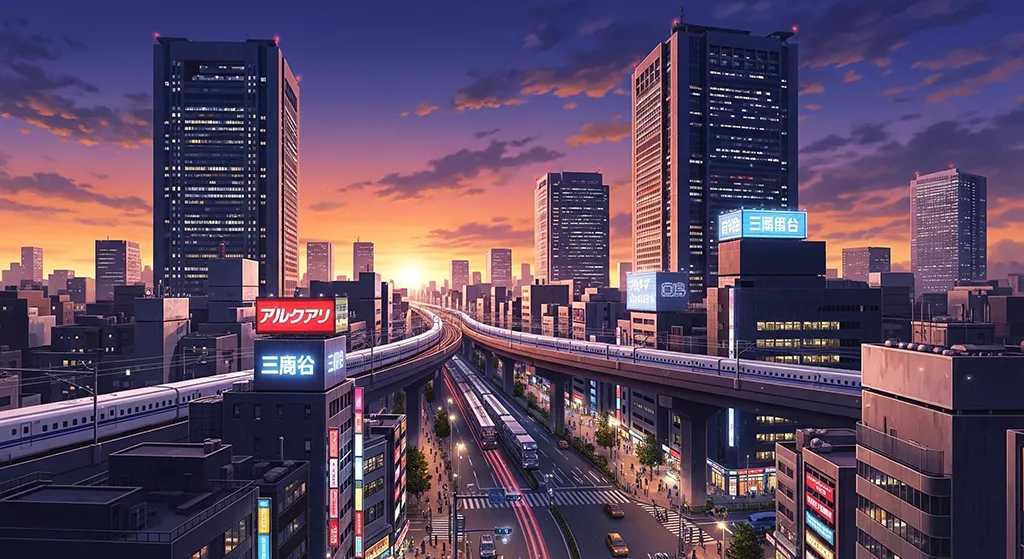 Anime Modern City Highway Sunset Wallpaper