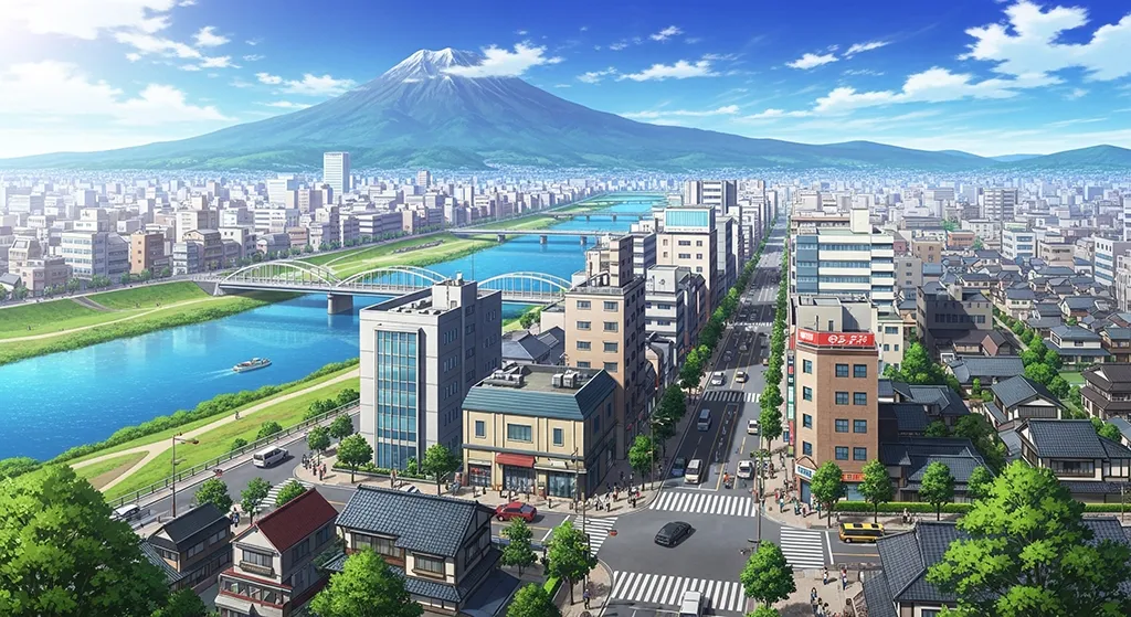Anime Mount Fuji City River Wallpaper