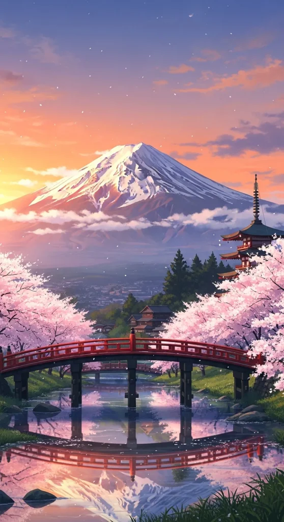 Anime Mount Fuji Sakura Bridge Phone Wallpaper
