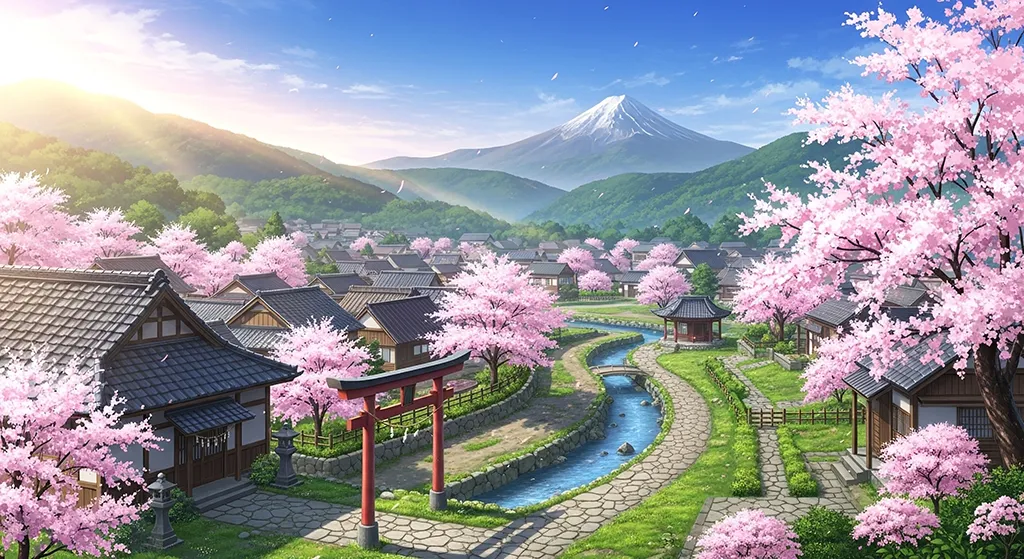 Anime Mount Fuji Sakura Town Wallpaper