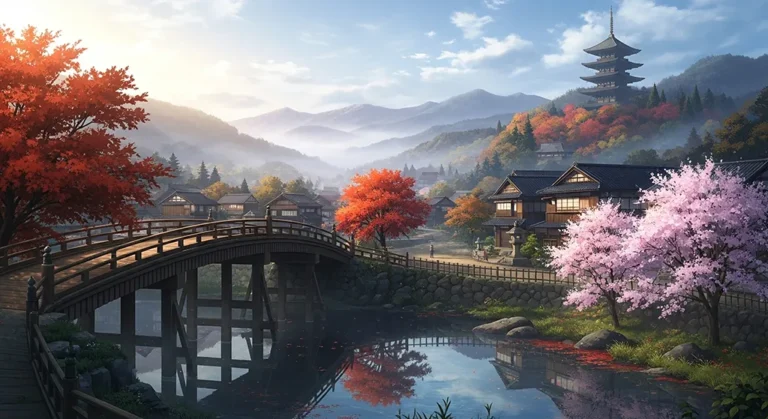 Anime Mountain Village Canal Wallpaper
