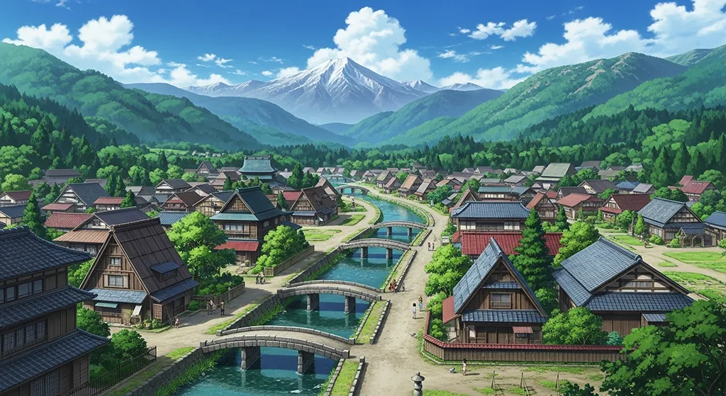 Anime Mountain Village River Wallpaper