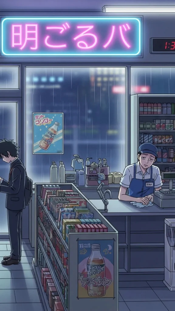 Anime Night Convenience Store Rain Phone Wallpaper