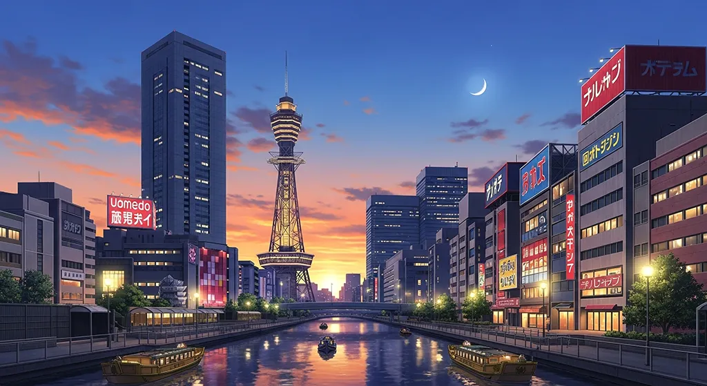 Anime Osaka Canal Night City Wallpaper