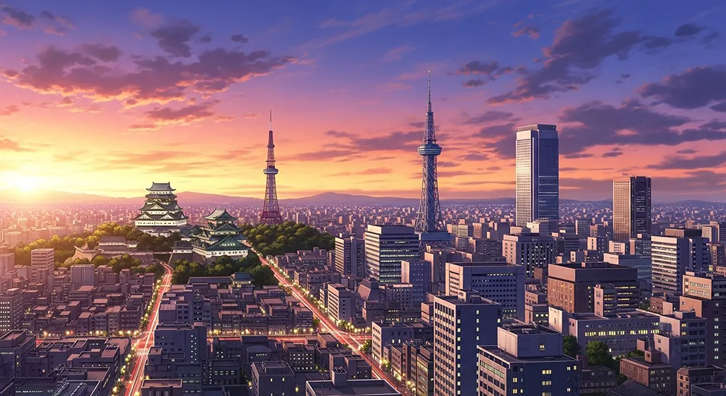 Anime Osaka Castle Skyline Sunset Wallpaper